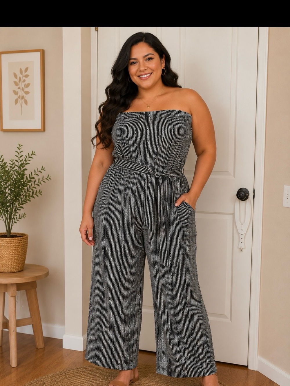 DAVI & DANI Strapless Black and White Pinstripe Jumpsuit with Tie Belt